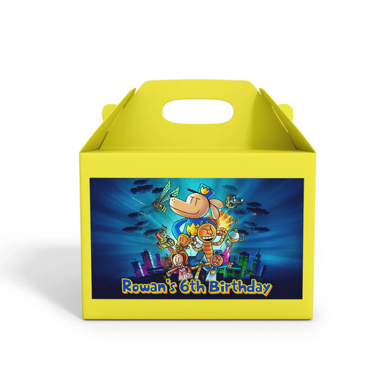 Dog Man treat box label showing a colorful custom design layout on a mini favor box container