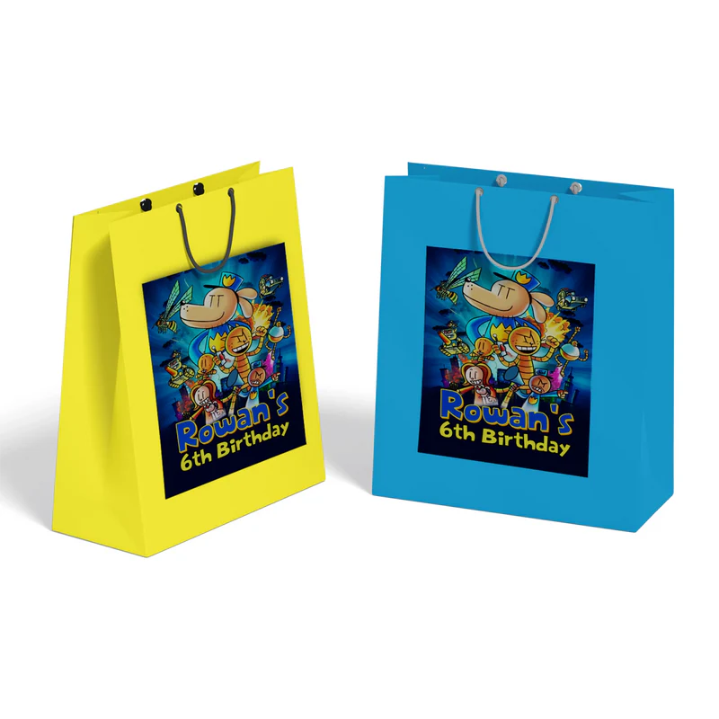 Dog Man goodie bag label featuring a vibrant party theme design applied to a classic paper gift bag