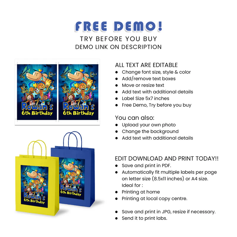 Dog Man Goodie Bag Label Printable Digital Download