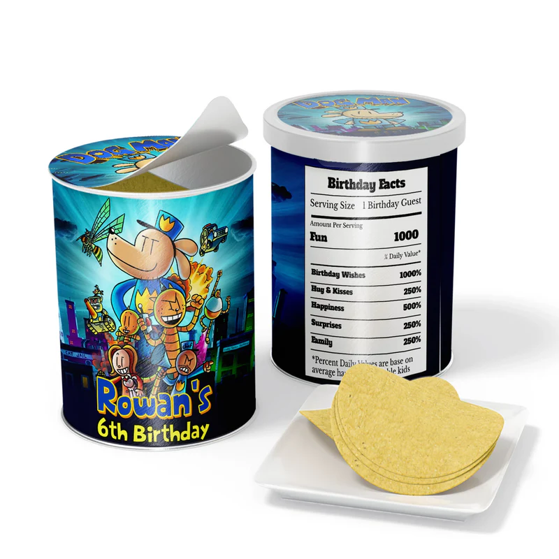 Dog Man small Pringles label wrap with colorful character designs displayed on a miniature snack can