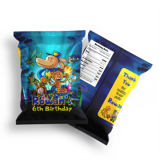 Dog Man chips bag label mockup displaying a vibrant custom snack bag layout on a clean background
