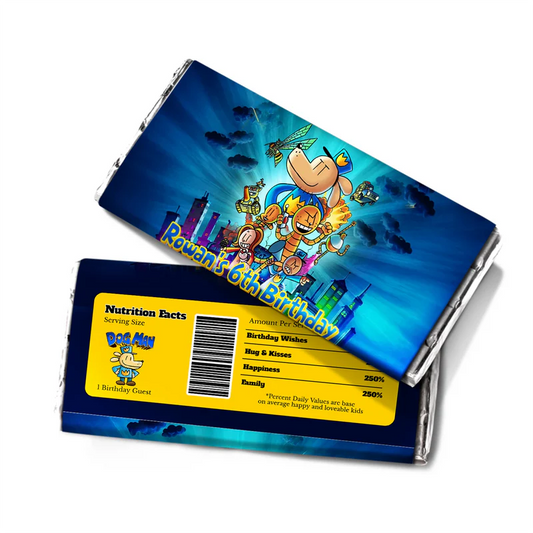 Dog Man chocolate label wrap featuring a colorful candy bar packaging layout against a white surface