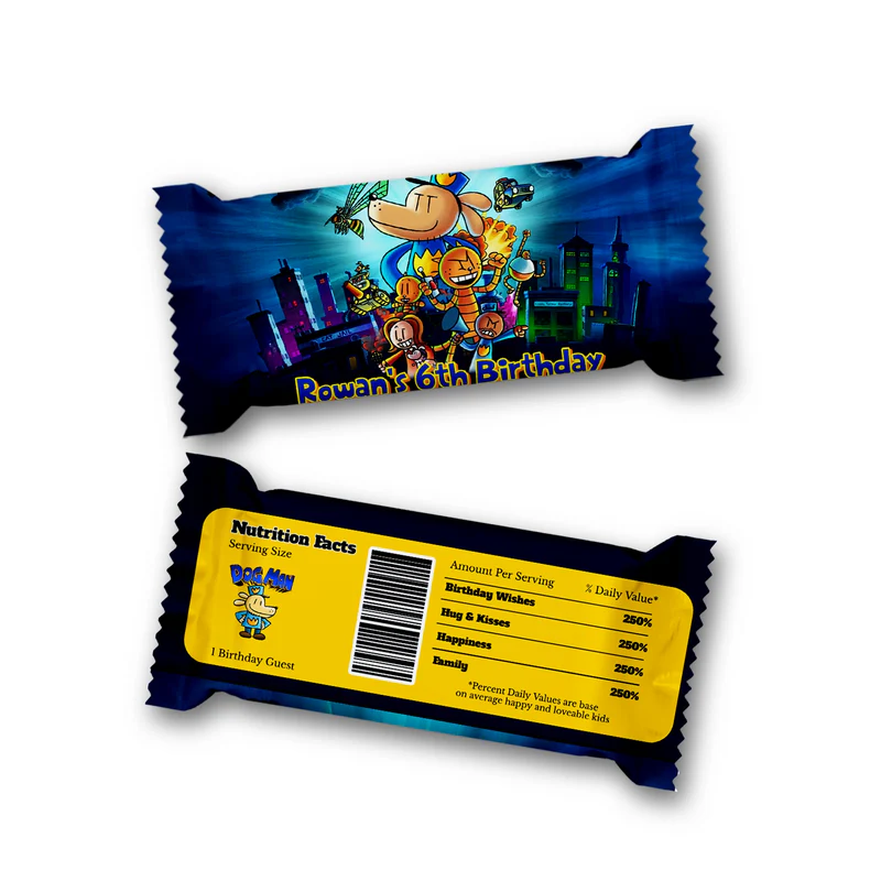 Dog Man Rice Krispies treats and candy bar labels shown together in a vibrant party snack display