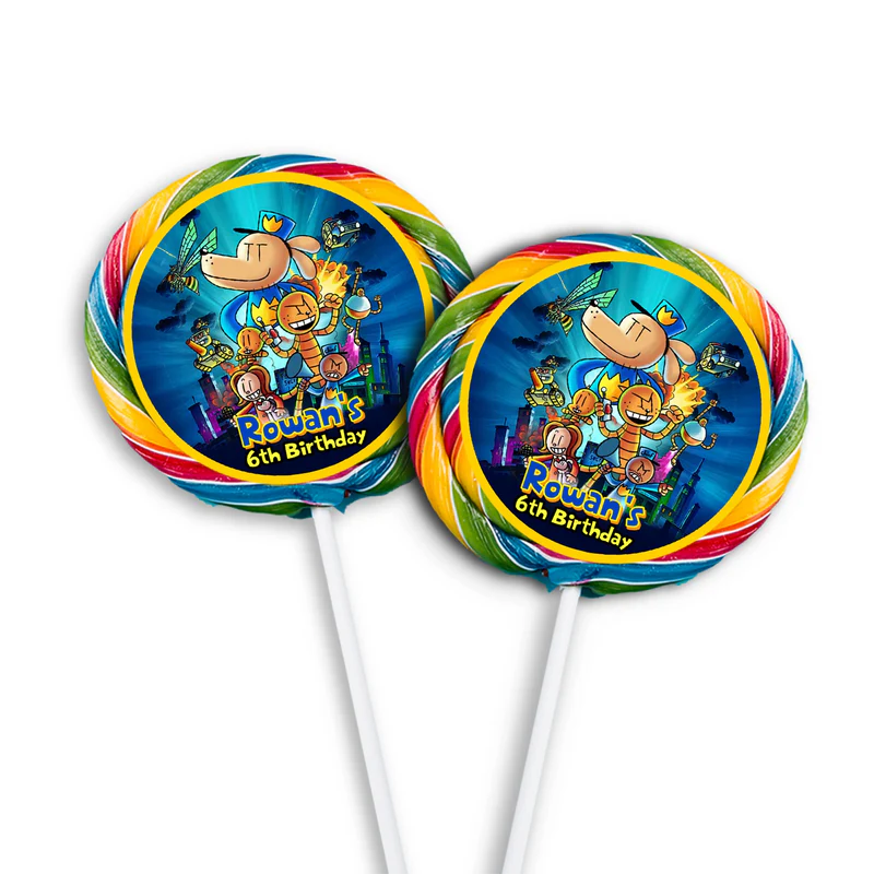 Dog Man lollipop label mockup featuring a colorful round sticker design attached to a clear wrapper