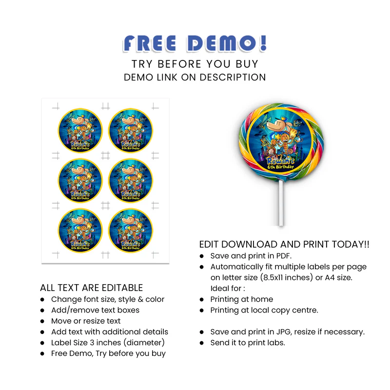 Dog Man Lollipop Label Printable Digital Download