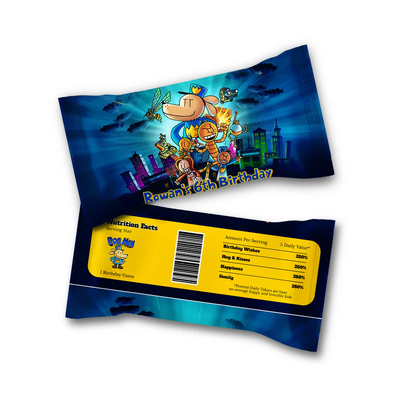Dog Man skittles label wrap showing a vibrant candy packaging layout displayed on a neat tabletop