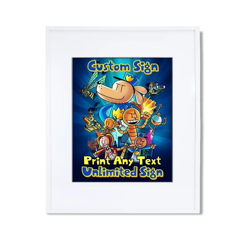 Dog Man custom sign template featuring a colorful party layout inside a modern white picture frame