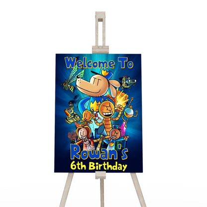 Dog Man welcome sign displaying a vibrant party theme greeting layout on a wooden display easel