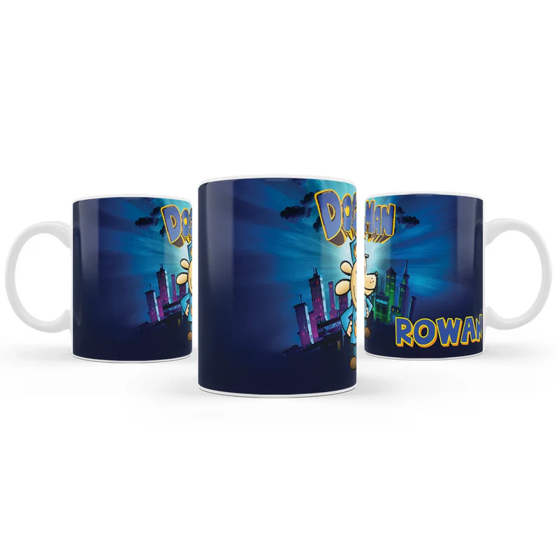 Dog Man sublimation mug design featuring a vibrant graphic layout wrapped around a white ceramic mug