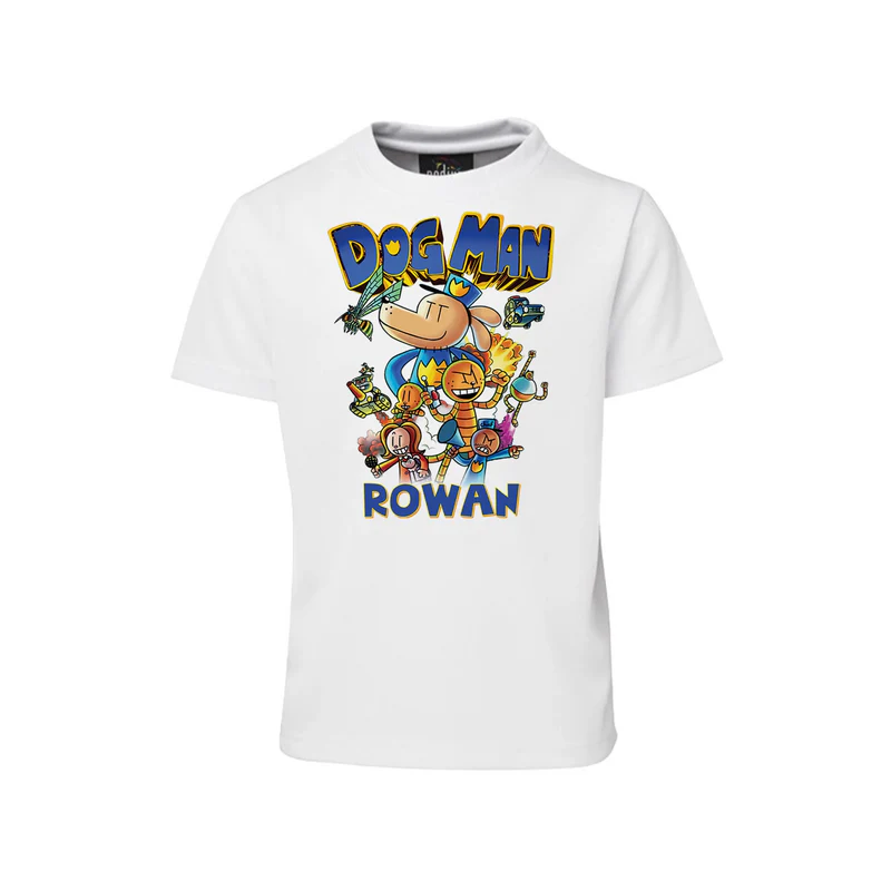 Dog Man sublimation T-shirt mockup showing a colorful graphic layout printed on a white cotton shirt