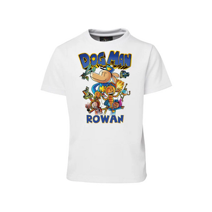 Dog Man sublimation T-shirt mockup showing a colorful graphic layout printed on a white cotton shirt