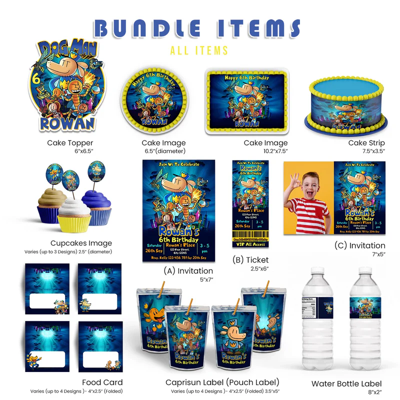 Dog Man personalized party pack template with bright colorful decorations in a vibrant flat lay mockup layout