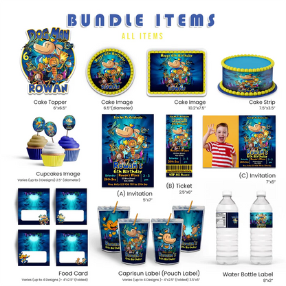 Dog Man personalized party pack template with bright colorful decorations in a vibrant flat lay mockup layout