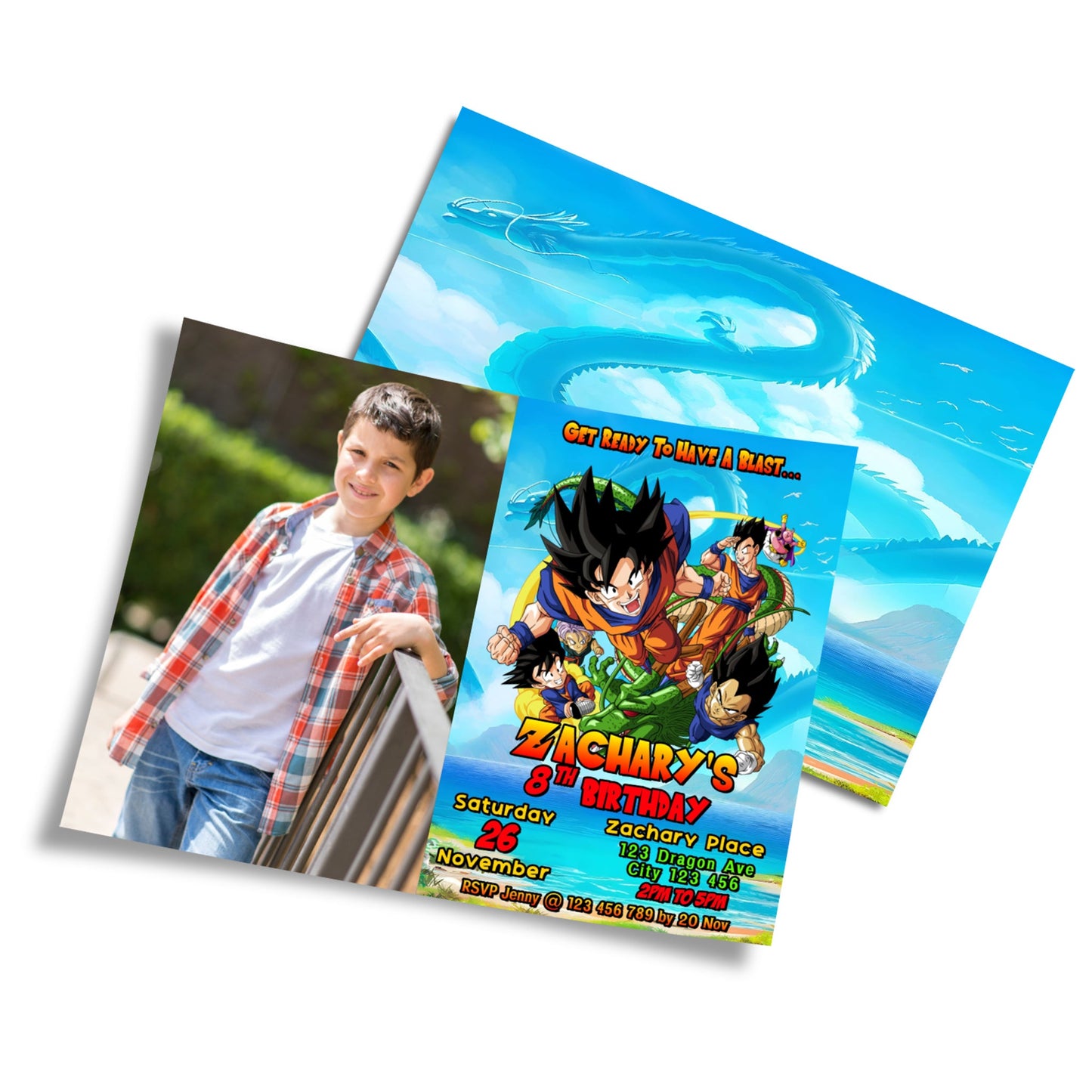 Dragon Ball themed personalized photo card invitations