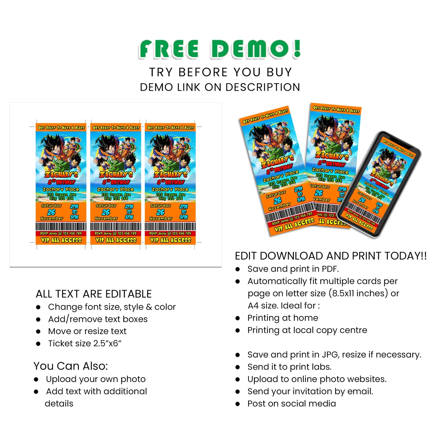 Dragon Ball Personalized Birthday Ticket Invitations - Excite Your Guests