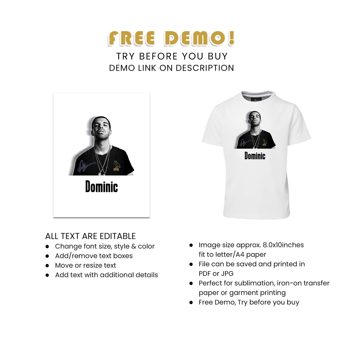 Drake Sublimation T-Shirt - Custom Sublimation T-Shirts with Drake’s Image, Perfect for Fans