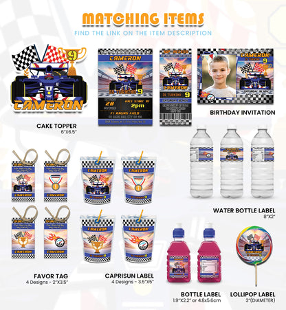 Formula One Personalized Digital Template Party Pack with editable racing themed decorations and printables