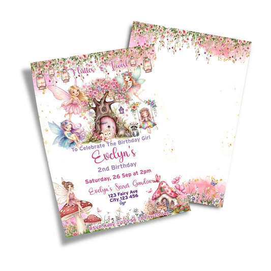 Magical Fairy Personalized Birthday Card Invitations with fairy party details