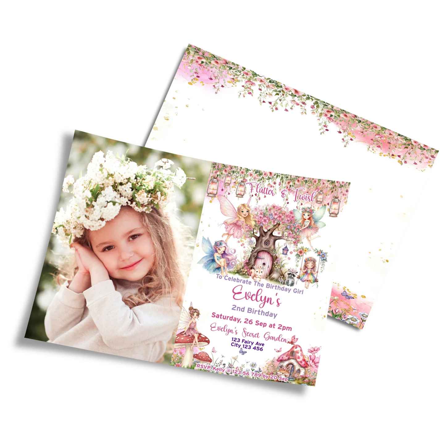 Magical Fairy Personalized Photo Card Invitations with custom images and fairy theme