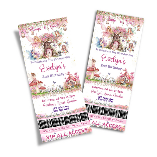 Magical Fairy Personalized Birthday Ticket Invitations for a fun fairy party invite