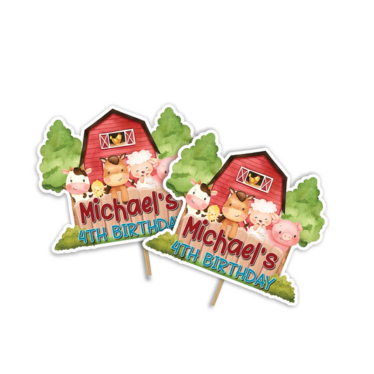 Farm animals theme personalized cake toppers featuring barnyard animals, layered cardstock look, neutral farm colors, arranged on white background