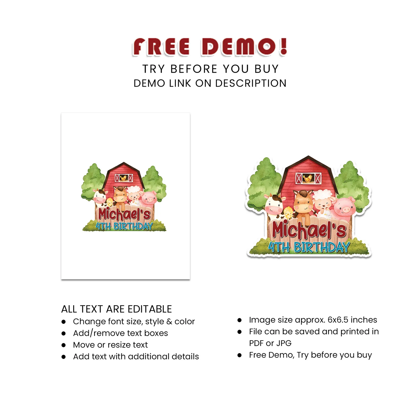 Farm Animals Theme Personalized Cake Toppers Custom Design
