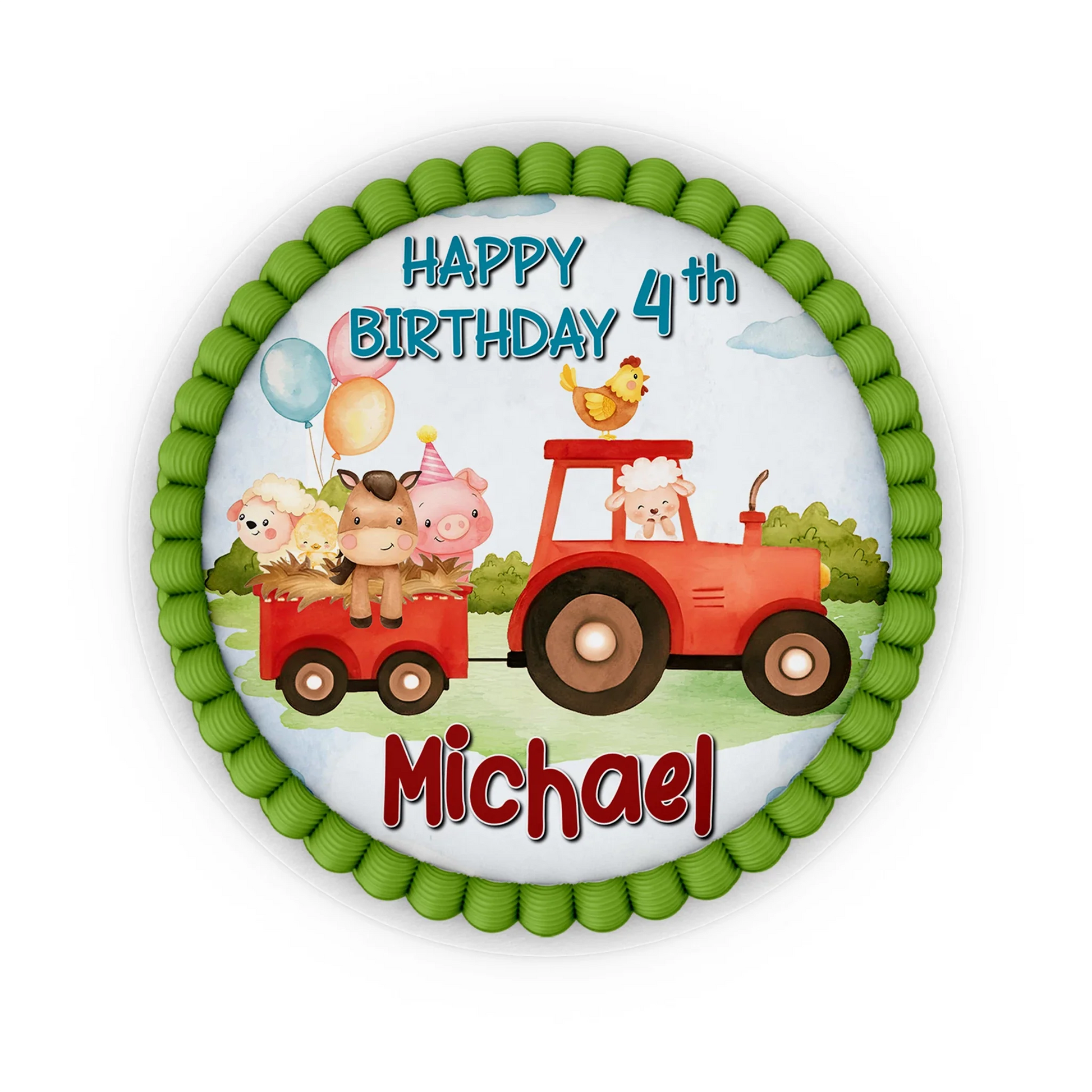 Farm animals theme personalized edible icing cake images with cute farm animals, soft pastel tones, smooth icing sheets on white background