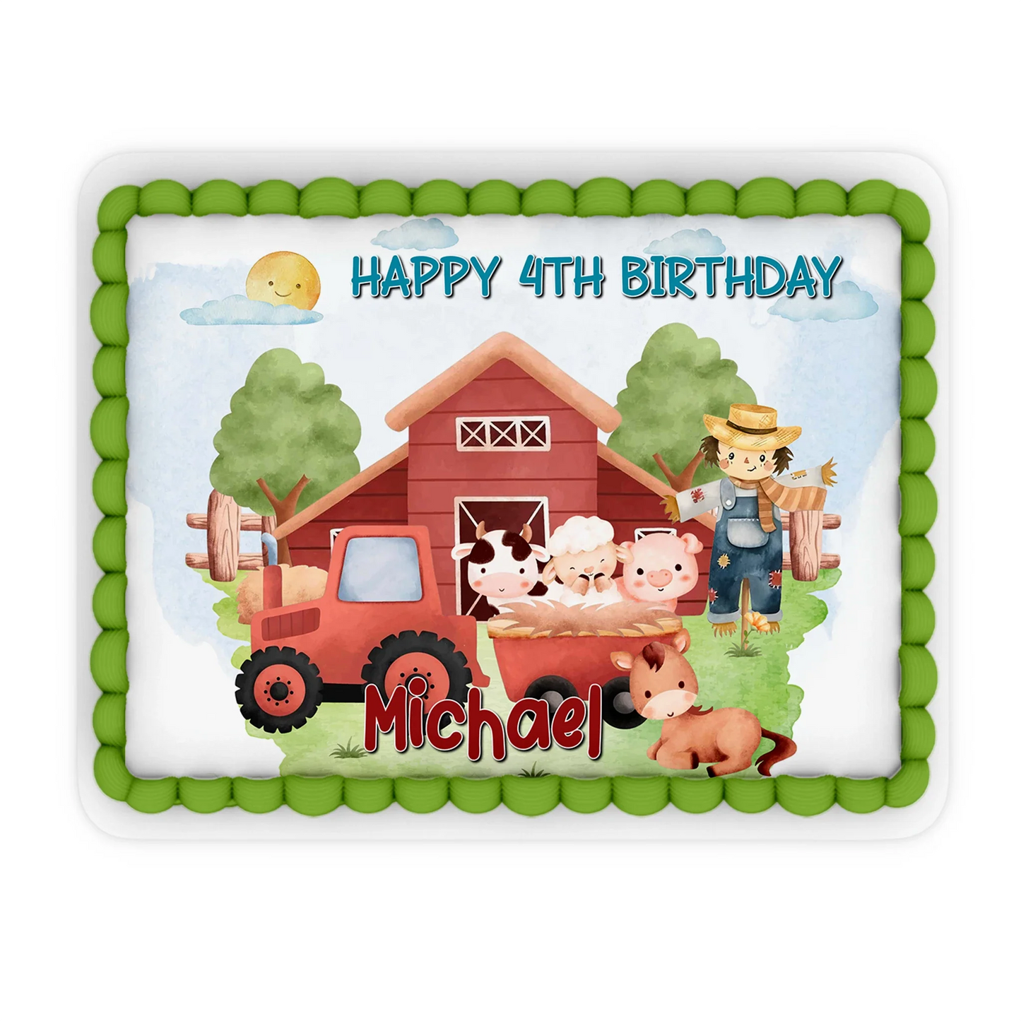 Farm animals theme personalized edible sheet cake images with barnyard characters, rustic color palette, rectangular icing sheets on white background