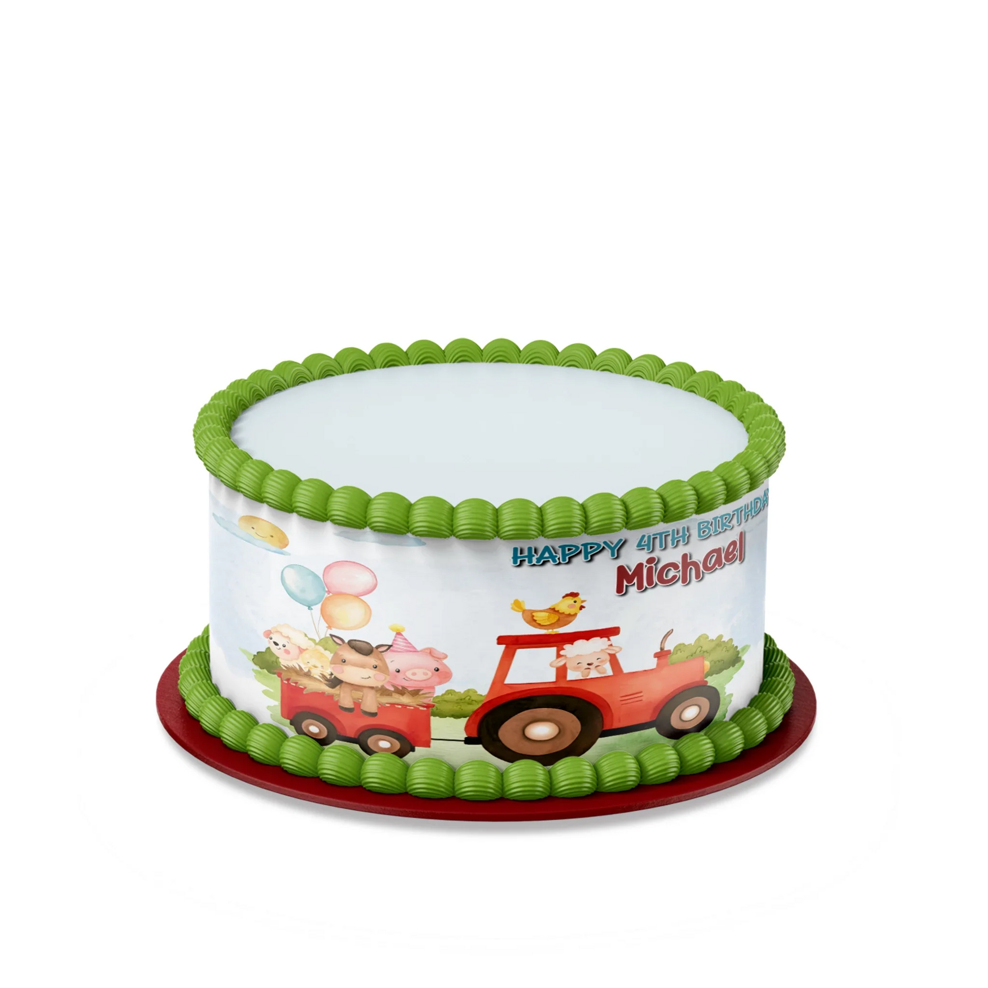 Farm animals theme personalized cake strips with cow pig sheep illustrations, pastel rustic palette, printable design shown on white background