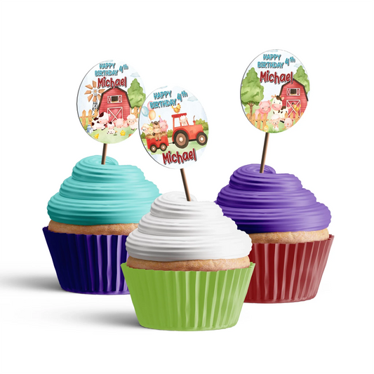 Farm animals theme personalized cupcake toppers with farm animal designs, round shapes, pastel country colors, flat lay on white background