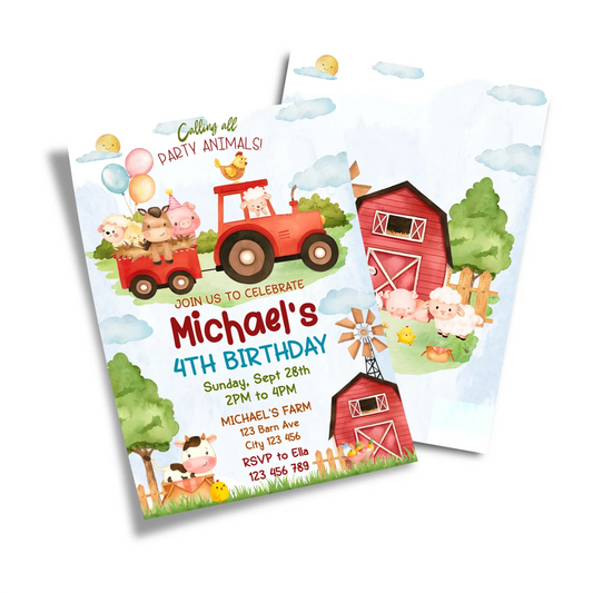 Farm animals theme personalized birthday card invitations with barnyard illustrations, rustic fonts, folded card mockup on white background
