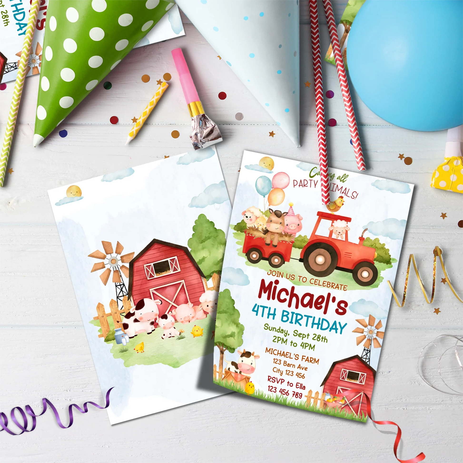1st Birthday Birthday Decorations, Tracktor Party Supplies, Farm Animals Themed, Barn Yard Theme Digital Template, Editable Farm Animals Theme Image SVG PNG