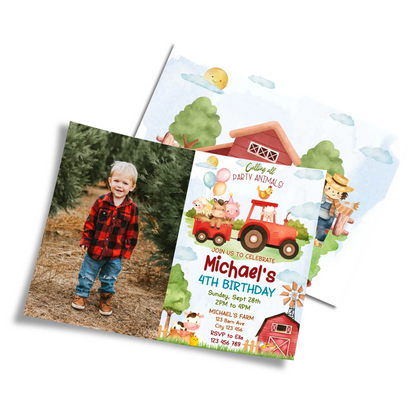 Farm animals theme personalized photo card invitations with farm animals and custom photo space, neutral tones, flat lay on white background