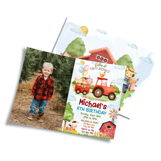 Farm animals theme personalized photo card invitations with farm animals and custom photo space, neutral tones, flat lay on white background