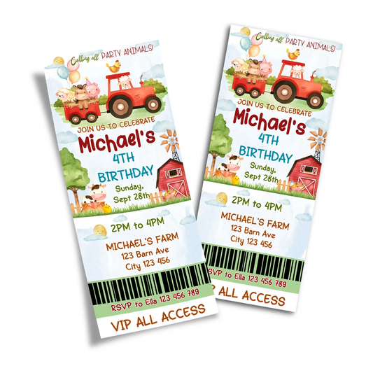 Farm animals theme personalized birthday ticket invitations with barnyard graphics, ticket style layout, earthy colors on white background