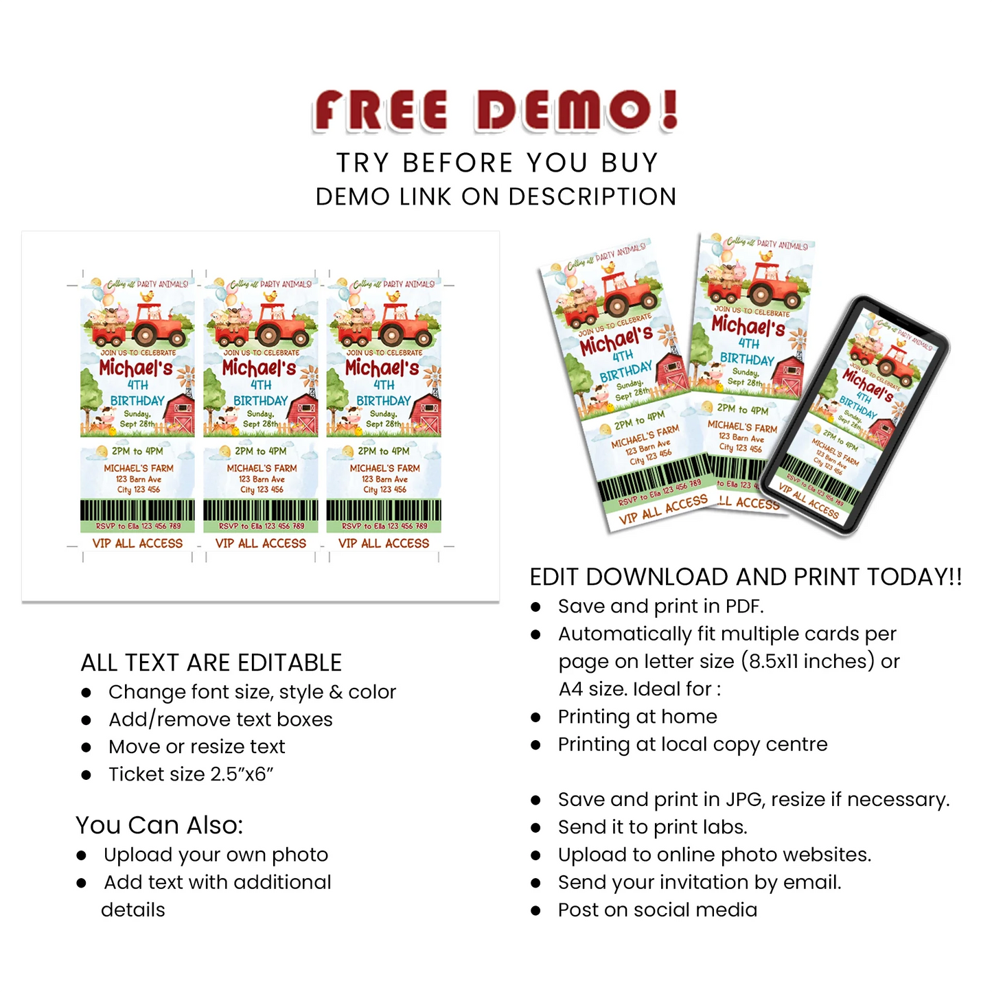 Farm Animals Theme Personalized Birthday Ticket Invitations