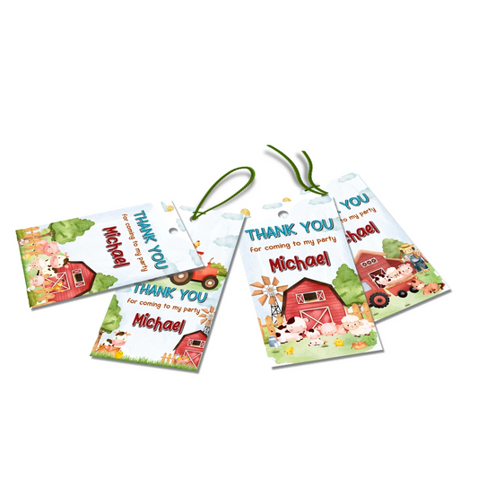 Farm animals theme thank you tags with cute barnyard animals, scalloped tag shapes, soft farm colors, arranged on white background
