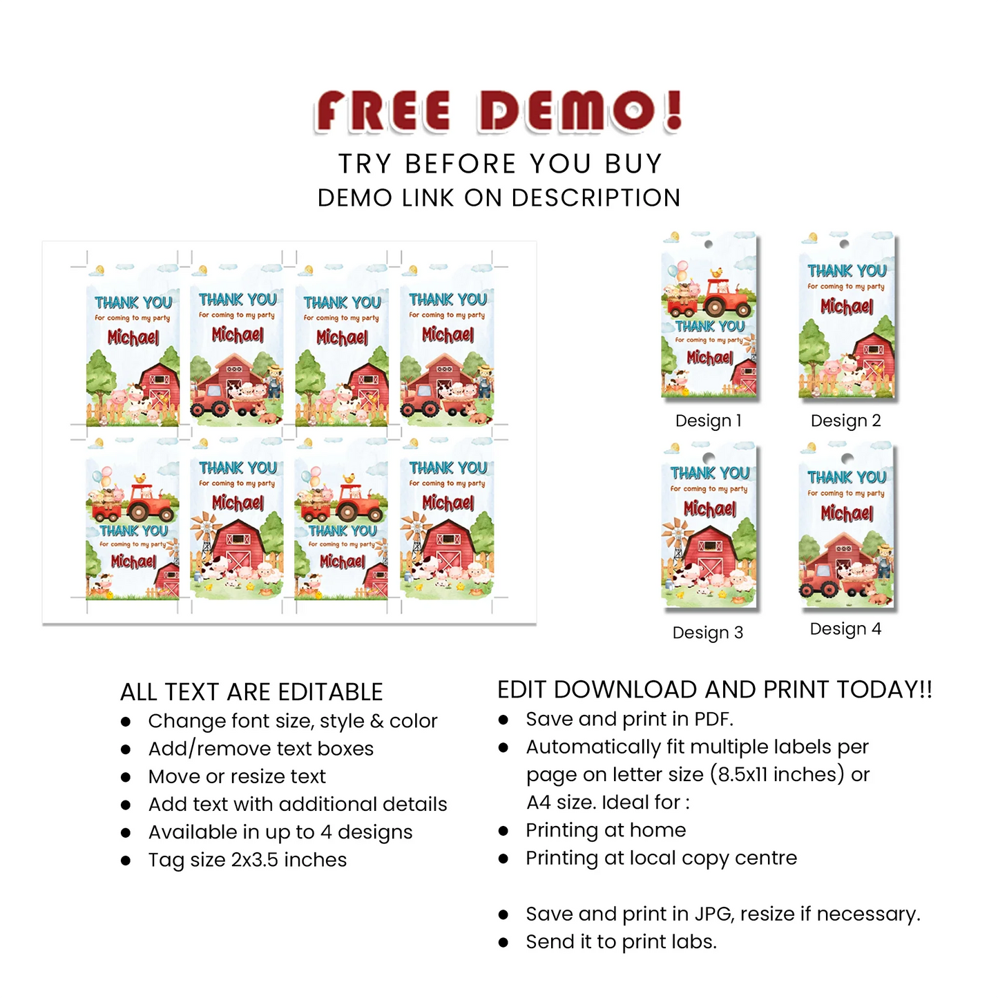 Farm Animals Theme Favor Tags Printable Party Set