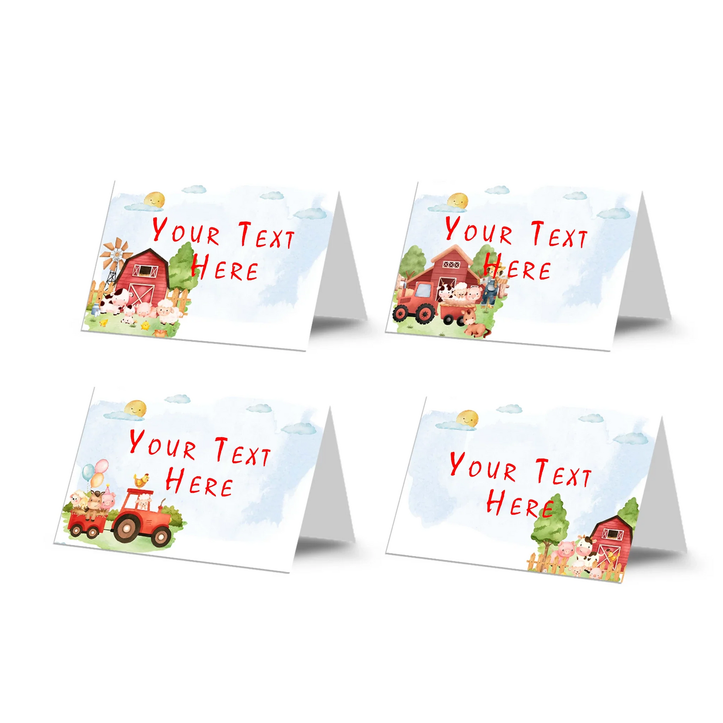 Farm animals theme food cards with illustrated barnyard animals, tent card layout, neutral rustic colors on white background