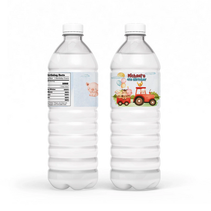 Farm animals theme water bottle label with farm animal illustrations, wrap style design, pastel country colors on white background