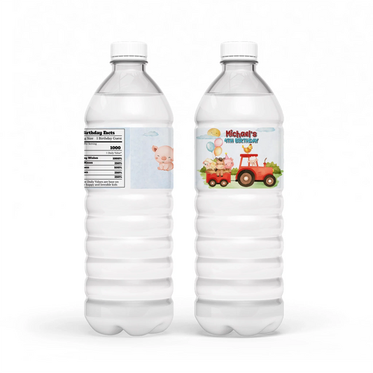 Farm animals theme water bottle label with farm animal illustrations, wrap style design, pastel country colors on white background