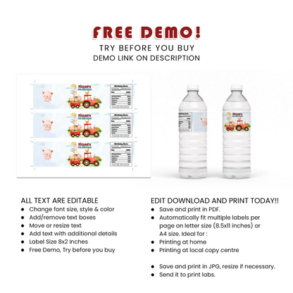 Farm Animals Theme Water Bottle Label Printable