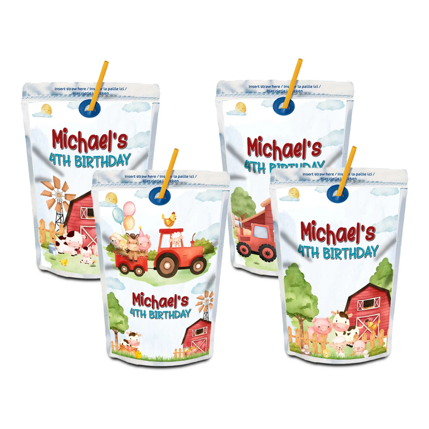 Farm animals theme juice pouch label with barnyard animals, rectangular wrap design, soft rustic tones on white background