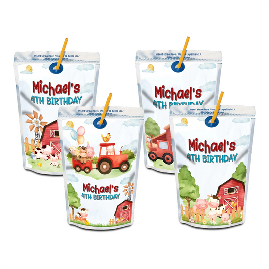 Farm animals theme juice pouch label with barnyard animals, rectangular wrap design, soft rustic tones on white background