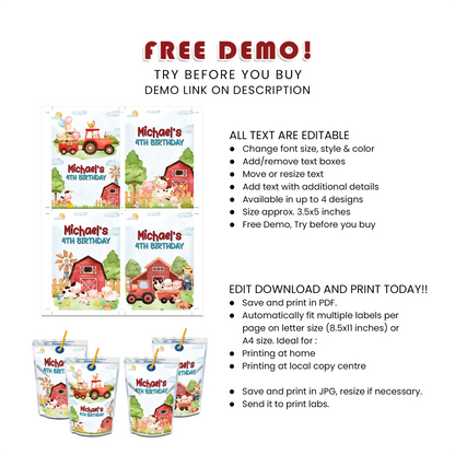 Farm Animals Theme Juice Pouch Label Template