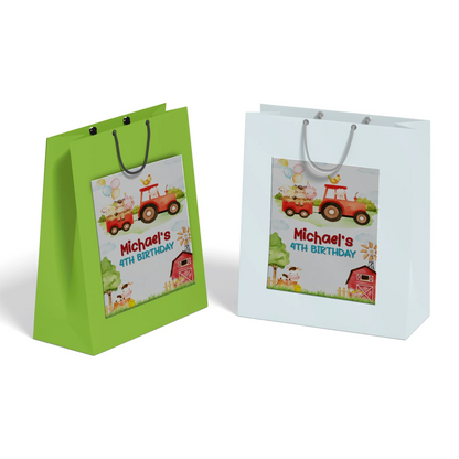 Farm animals theme goodie bag label with cute barnyard animals, rectangular tag style, pastel rustic palette on white background