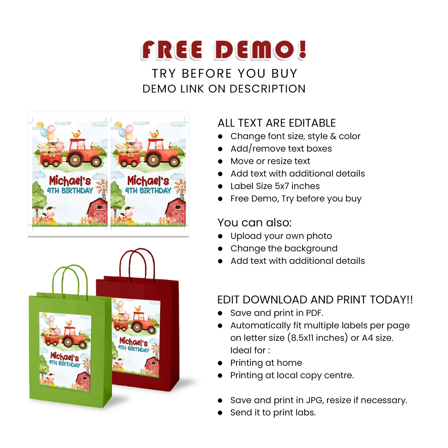 Farm Animals Theme Goodie Bag Label Party Design