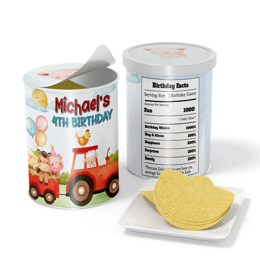 Farm animals theme small Pringles label with farm animal illustrations, cylindrical wrap design, earthy colors on white background