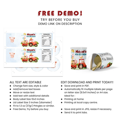 Farm Animals Theme Small Pringles Label Template