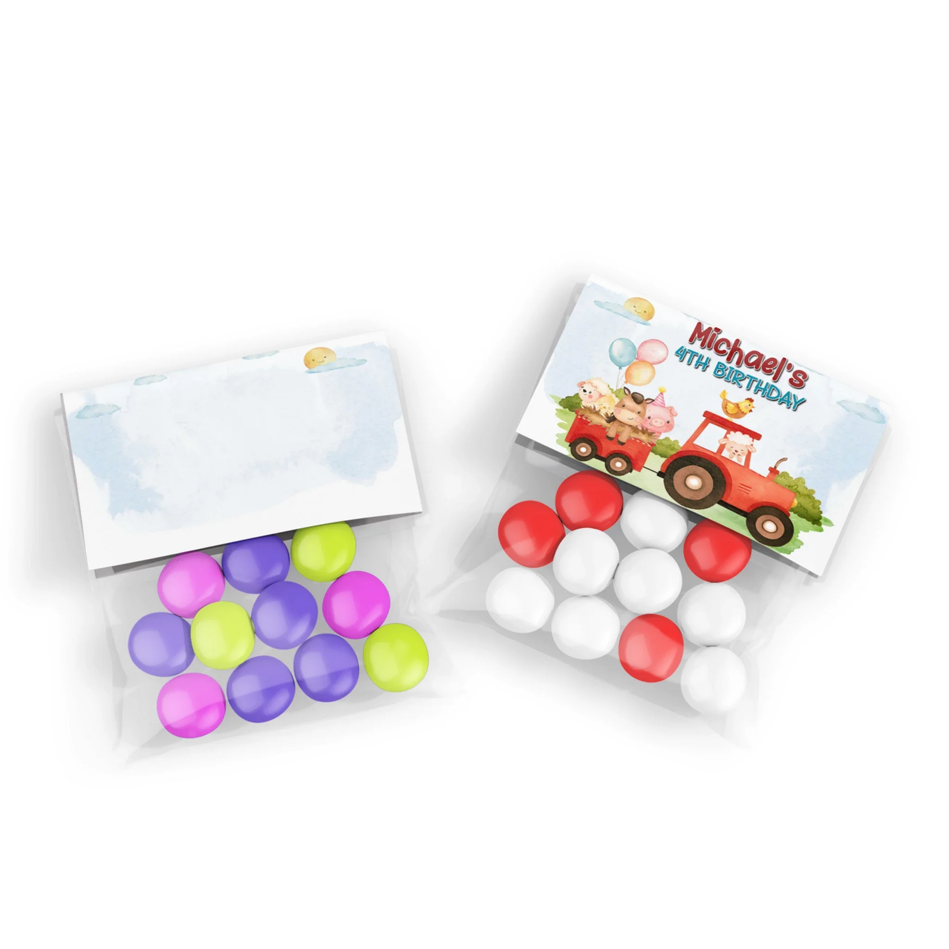 Farm animals theme treat bag topper label with barnyard animals, folded topper design, neutral rustic colors on white background